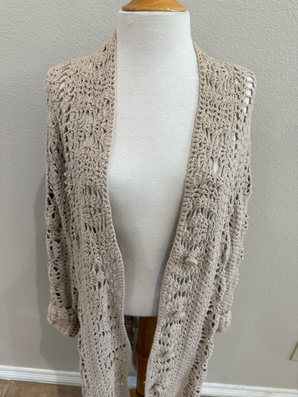 J. Jill Duster Cardigan Cotton Acrylic Blend Oatmeal Beige Long Sweater Sz L - Picture 3 of 8